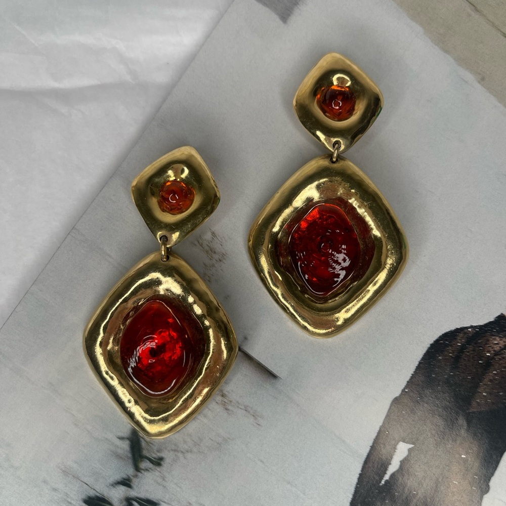 Frances Patiky Stein FPS France Gold Gripoix Red Poured Glass Dangle Earrings